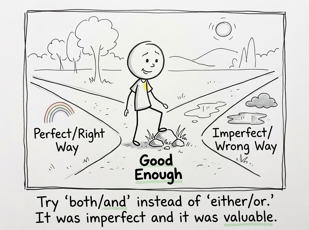 The stick figure stepping onto the middle path labeled 'Good Enough' with a hesitant but curious expression