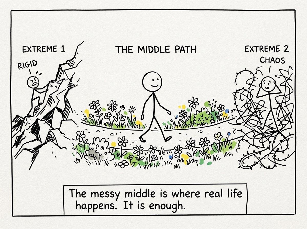 The stick figure walking comfortably on the middle path, which is full of flowers and nuance, looking more relaxed than either extreme