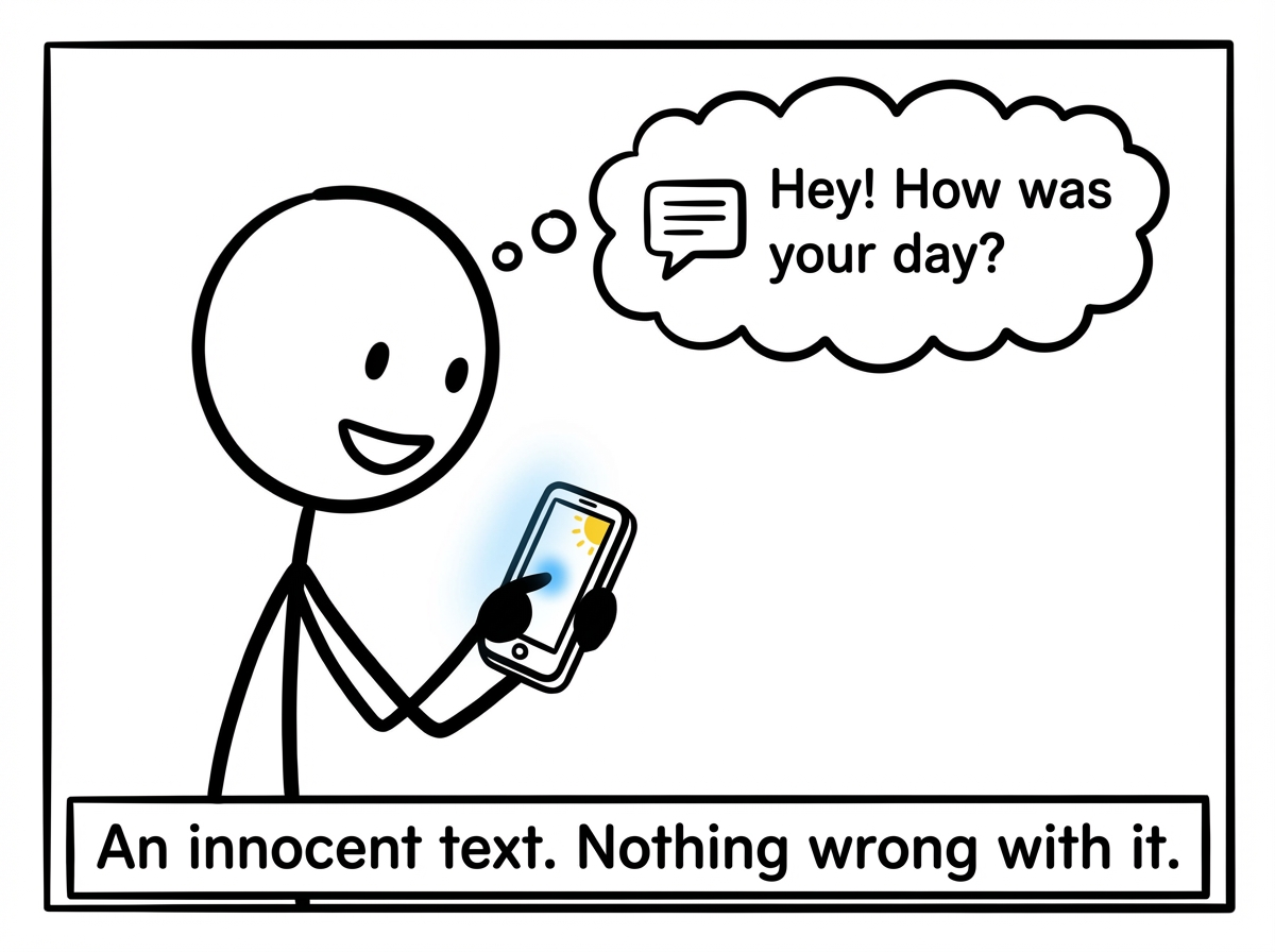 A stick figure sending a text message saying 'Hey! How was your day?' with a cheerful expression