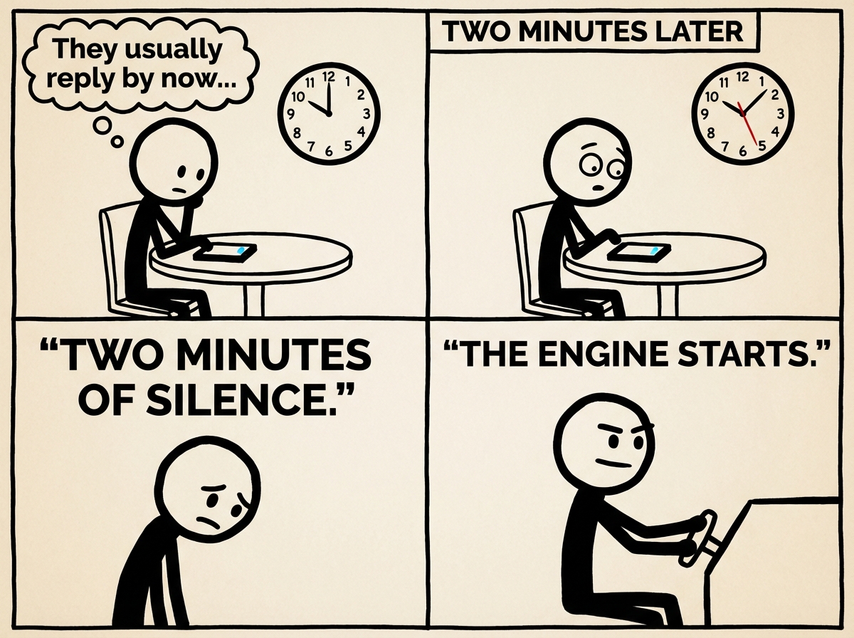 The stick figure two minutes later with a thought bubble reading 'They usually reply by now...' while glancing at the clock