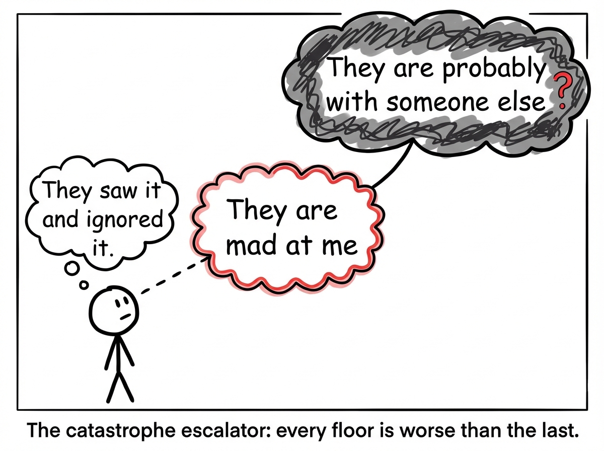 The stick figure with escalating thought bubbles: 'They saw it and ignored it' leading to 'They are mad at me' leading to 'They are probably with someone else'