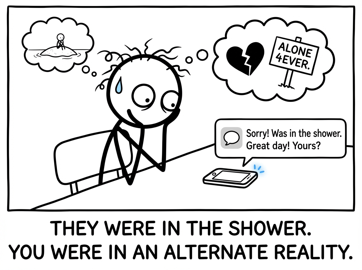 The stick figure in full panic mode imagining themselves alone forever, while their phone finally buzzes with a reply: 'Sorry! Was in the shower. Great day! Yours?'