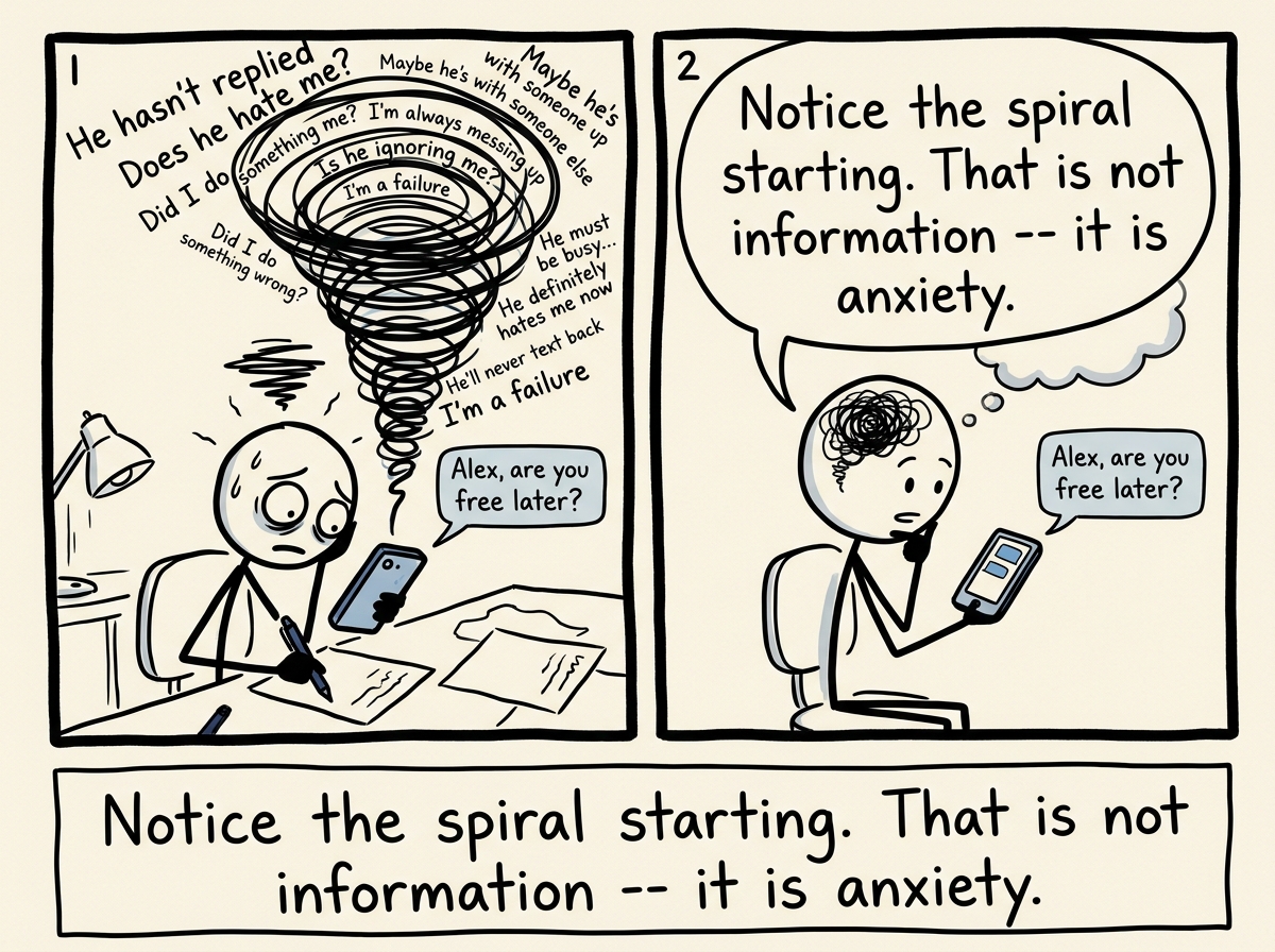 A stick figure staring at an unanswered text and feeling the catastrophe spiral start, then catching themselves with a thought: 'My brain is doing the thing'