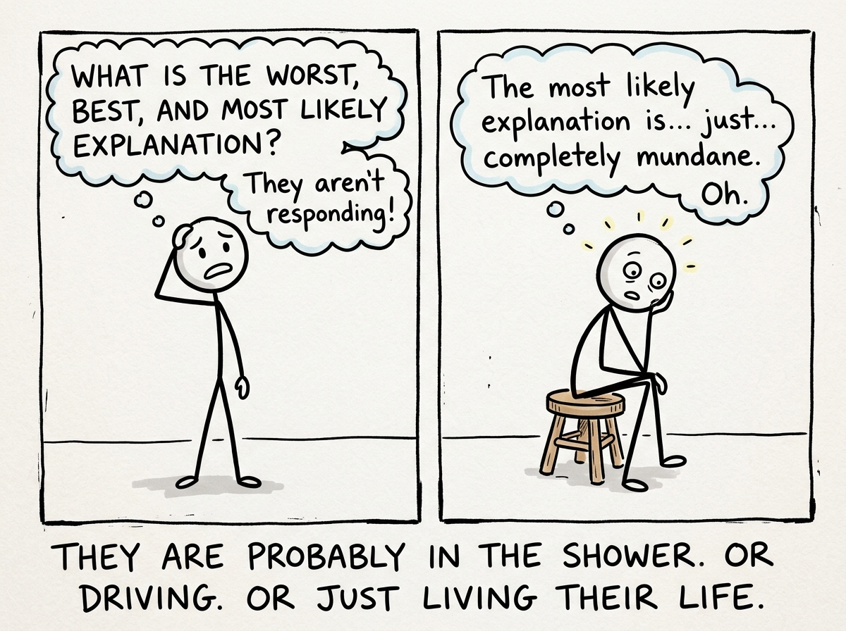 The stick figure asking 'What is the worst, best, and most likely explanation?' and realizing the most likely is completely mundane