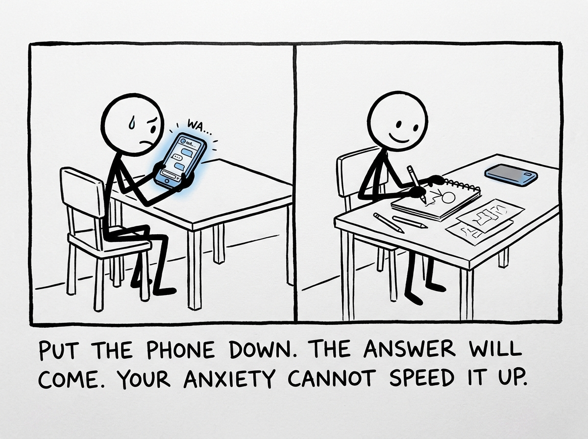 The stick figure putting the phone down and doing something else instead of monitoring the screen for a reply