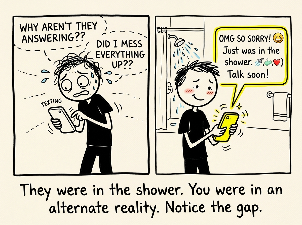 The phone buzzing with a cheerful reply while the stick figure looks sheepish, realizing the catastrophe was entirely self-generated