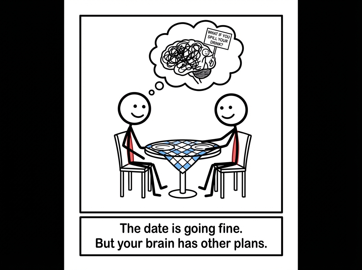 Two stick figures on a date at a restaurant, both smiling, with the scene looking pleasant