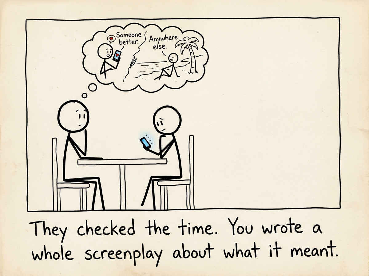 The other person briefly glancing at their phone, while the main stick figure's thought bubble shows the interpretation: 'They are texting someone better. They wish they were anywhere else.'