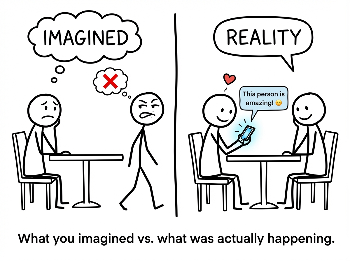 A split panel: left side shows what the main character imagined (the date leaving in disgust), right side shows reality (the date texting their friend 'This person is amazing!')