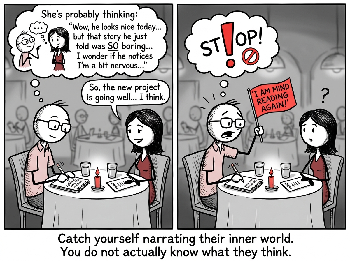 A stick figure on a date noticing they are writing a story about what the other person thinks, and pausing to flag it: 'I am mind reading again'