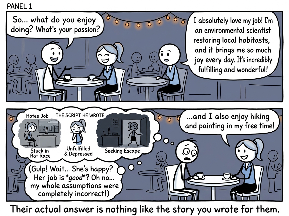 The date answering honestly and positively, while the stick figure realizes their assumed narrative was completely wrong
