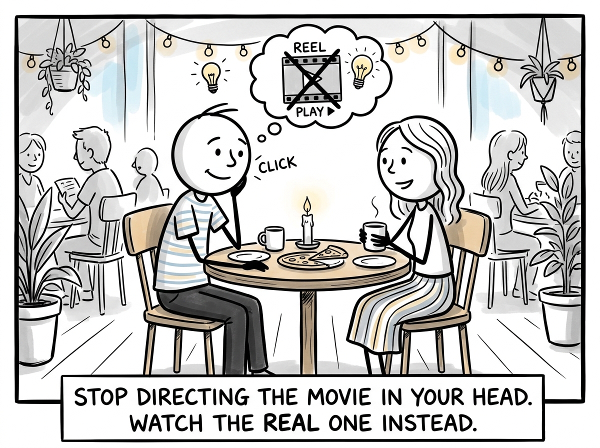 The stick figure enjoying the rest of the date with less narration and more presence, letting the real person replace the imagined one