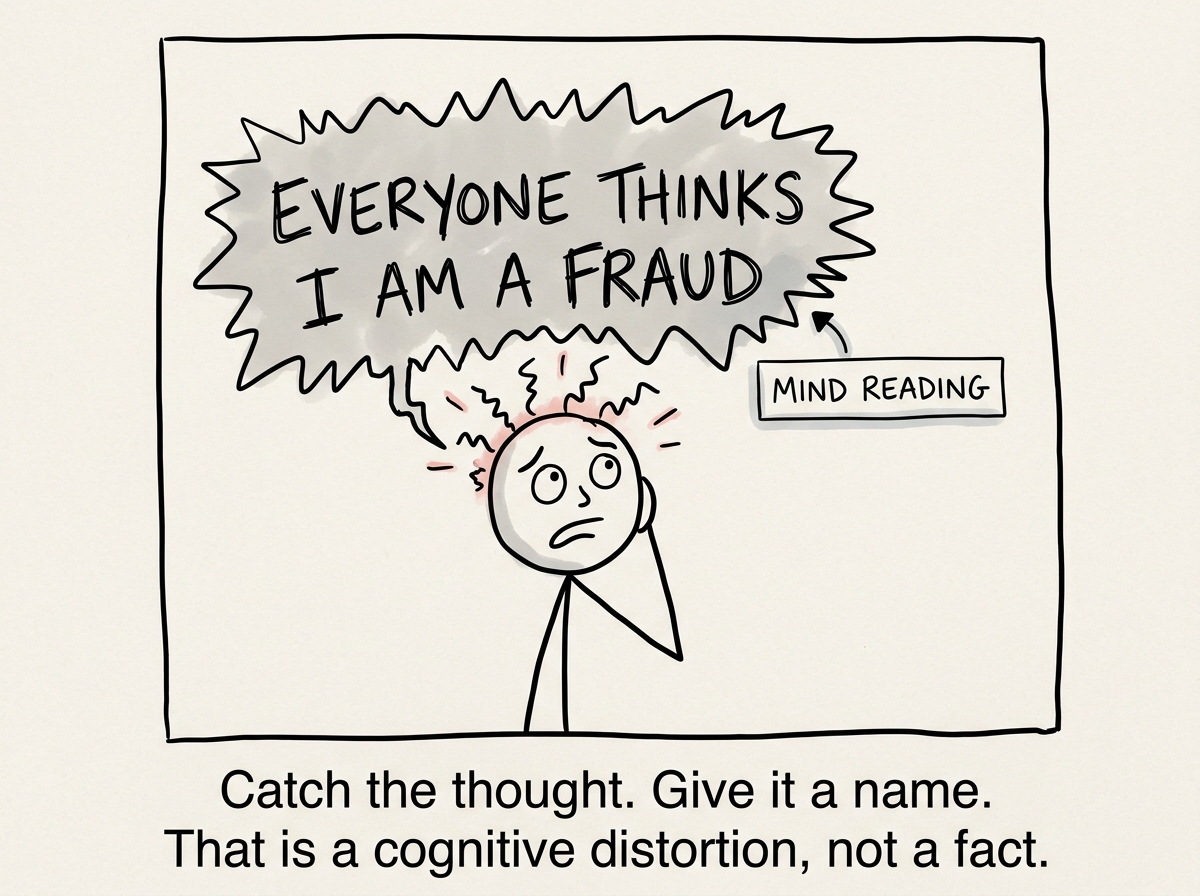 A stick figure having a distorted thought -- 'Everyone thinks I am a fraud' -- and noticing a small label appearing next to it: 'mind reading'