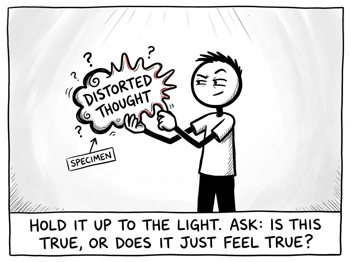 The stick figure holding the distorted thought at arm's length, examining it like a specimen instead of accepting it as truth