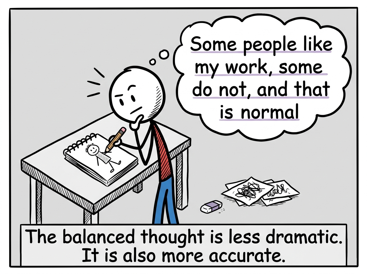 The stick figure replacing the distortion with a more balanced thought: 'Some people like my work, some do not, and that is normal'