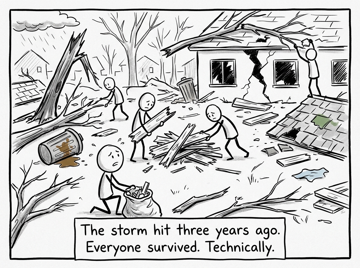 A neighborhood after a storm, houses damaged, people helping each other clean up while looking shaken