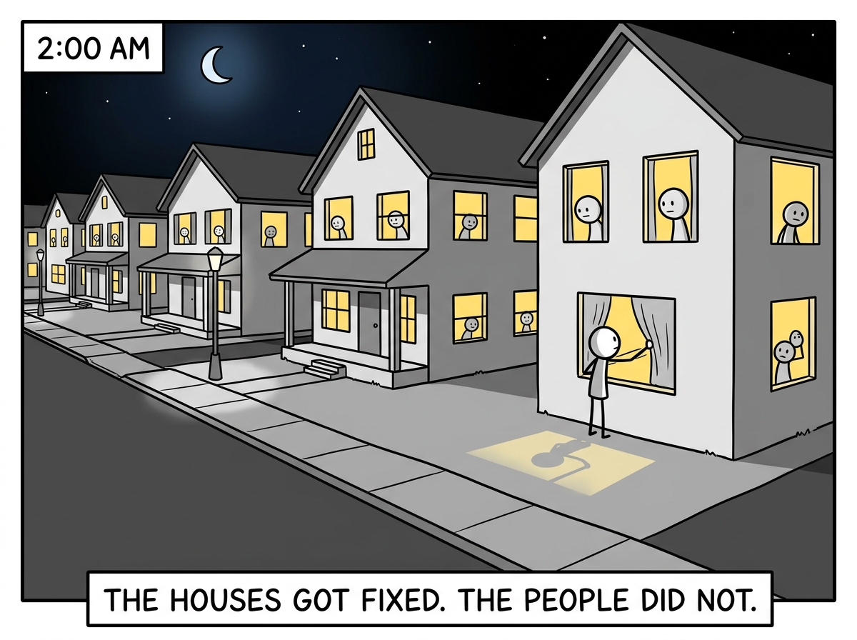The same neighborhood rebuilt and looking normal on the surface, but every house has its lights on at 2 AM and people are peering out their windows