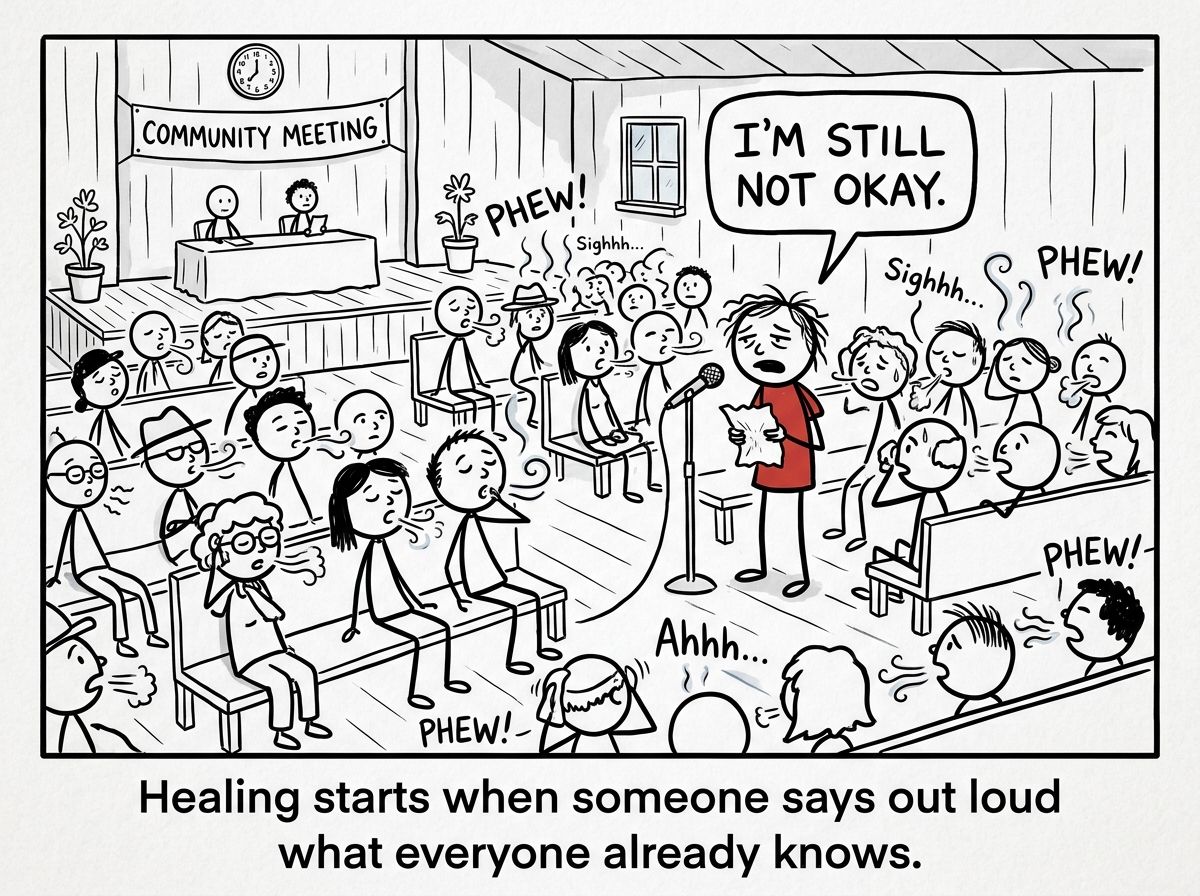 A community meeting where one person finally stands up and says 'I'm still not okay' and the entire room exhales with visible relief