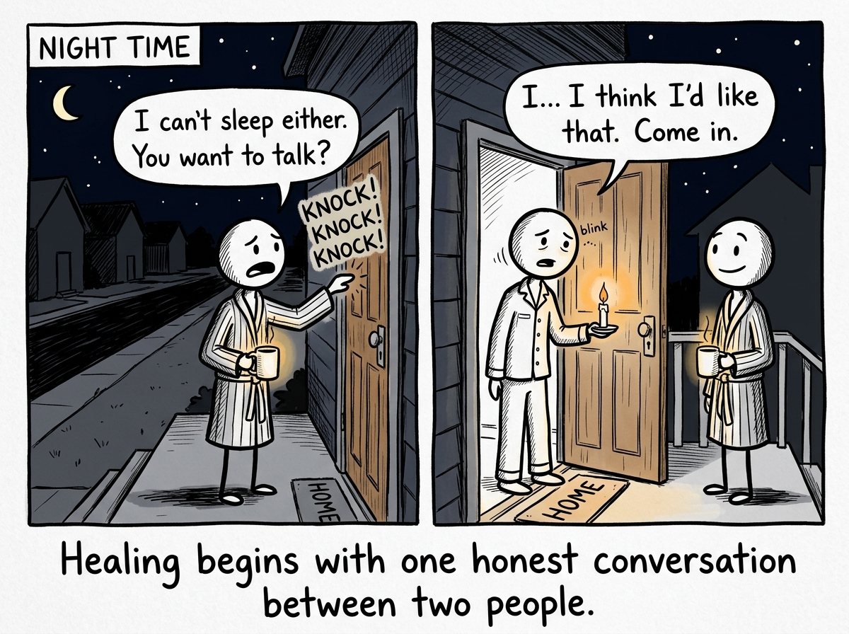 One neighbor knocking on another's door at night, saying 'I can't sleep either. You want to talk?' -- breaking the silence between two people
