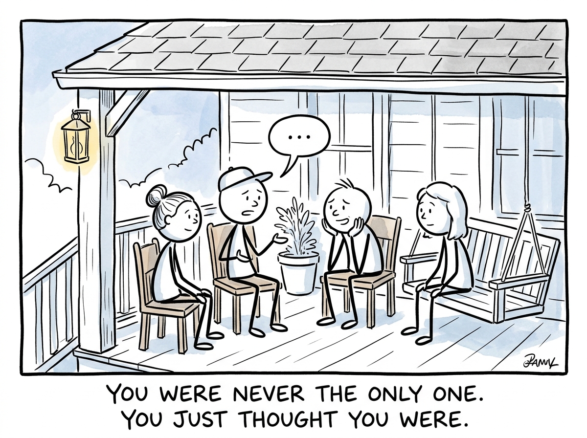 A small group of neighbors gathered on a porch, sharing their experiences quietly, each one looking relieved to learn they are not the only one still struggling