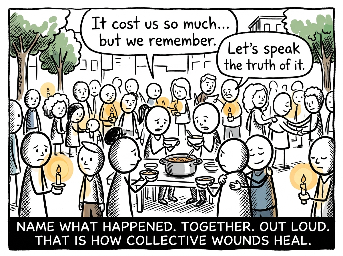 The neighborhood holding a community gathering with a candle or shared meal, acknowledging together what happened and what it cost them