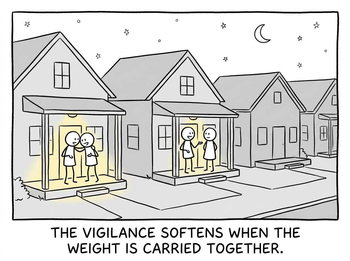 The neighborhood at night, some porch lights still on but people resting easier, a few neighbors checking on each other instead of watching alone
