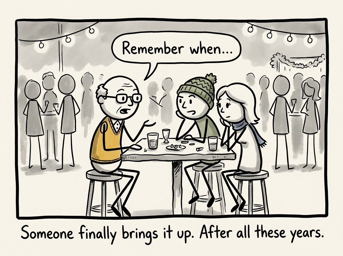 Three community members at a gathering, one finally saying 'Remember when...' and the other two leaning in, ready to finally talk about it