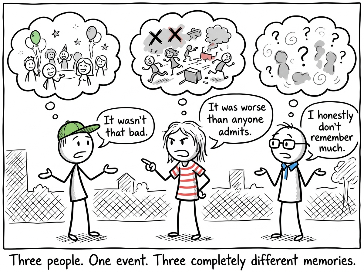 The three people now arguing -- one says 'It wasn't that bad,' another says 'It was worse than anyone admits,' and the third says 'I honestly don't remember much' -- each with a completely different image of the event above their head