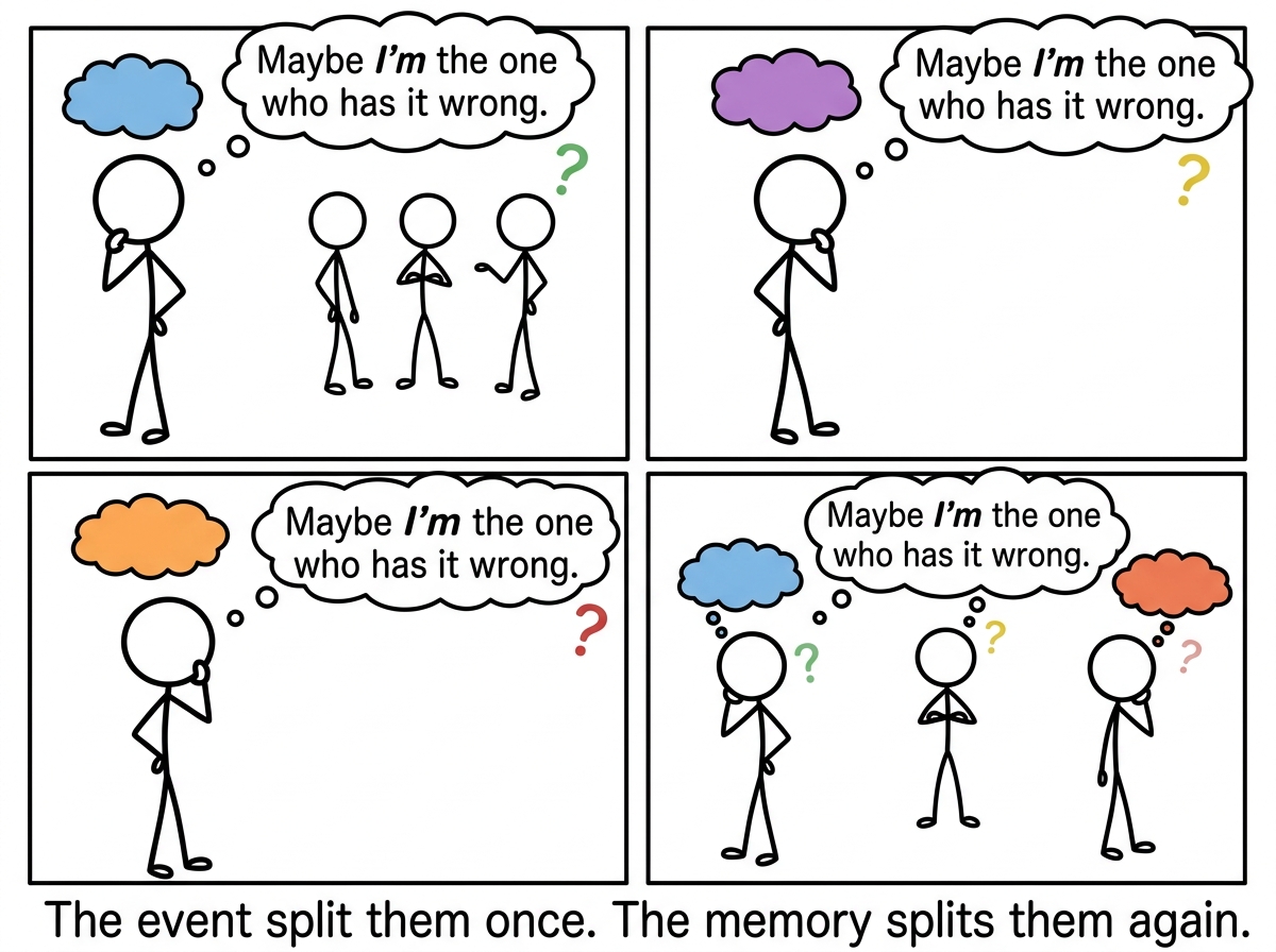 The three people turning away from each other, each one now isolated and doubting their own experience, thinking 'Maybe I'm the one who has it wrong'