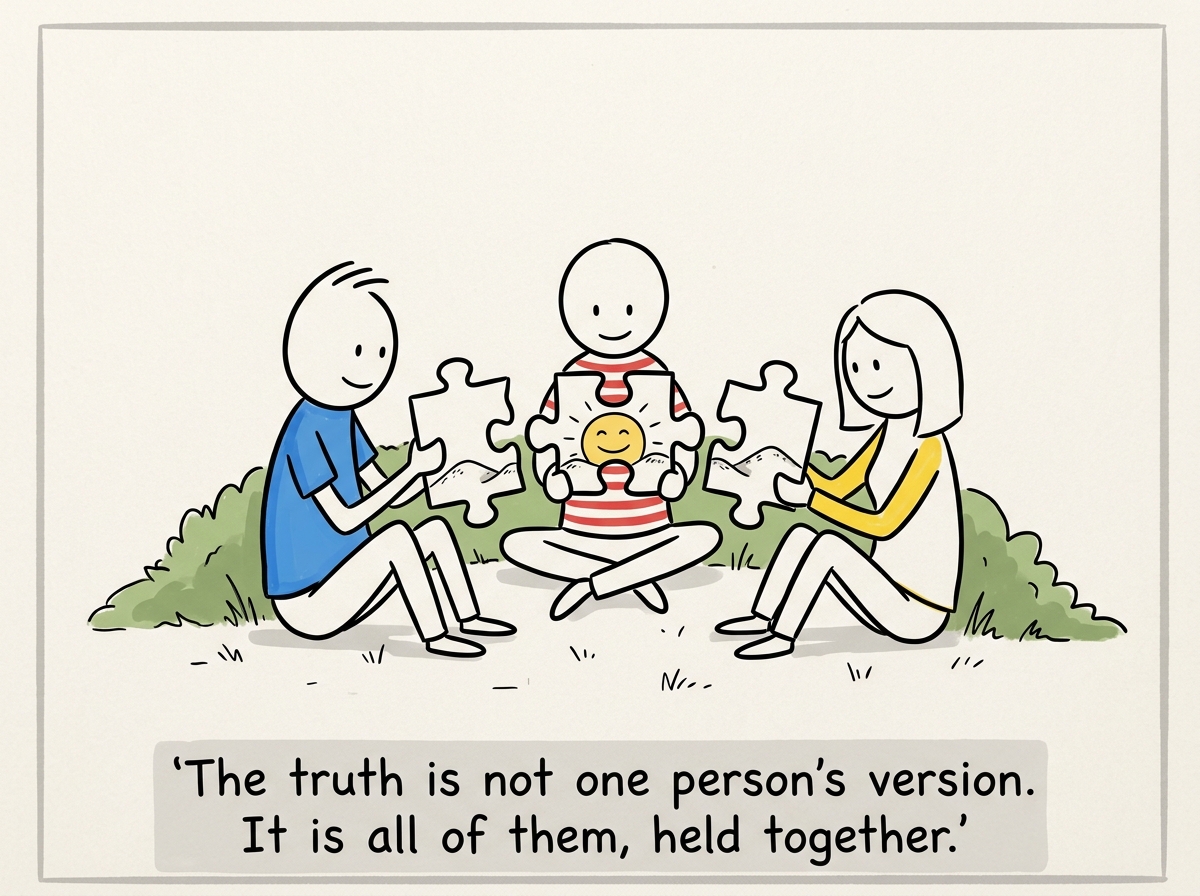 The three people sitting back together, each holding a different puzzle piece, realizing that all three pieces together form the full picture