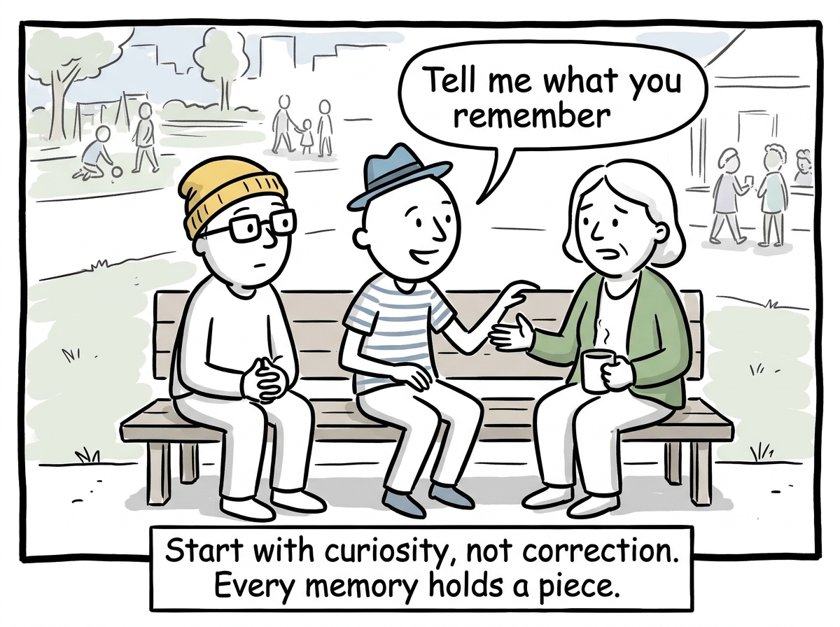Three community members sitting together, one saying 'Tell me what you remember' instead of 'Here's what really happened'