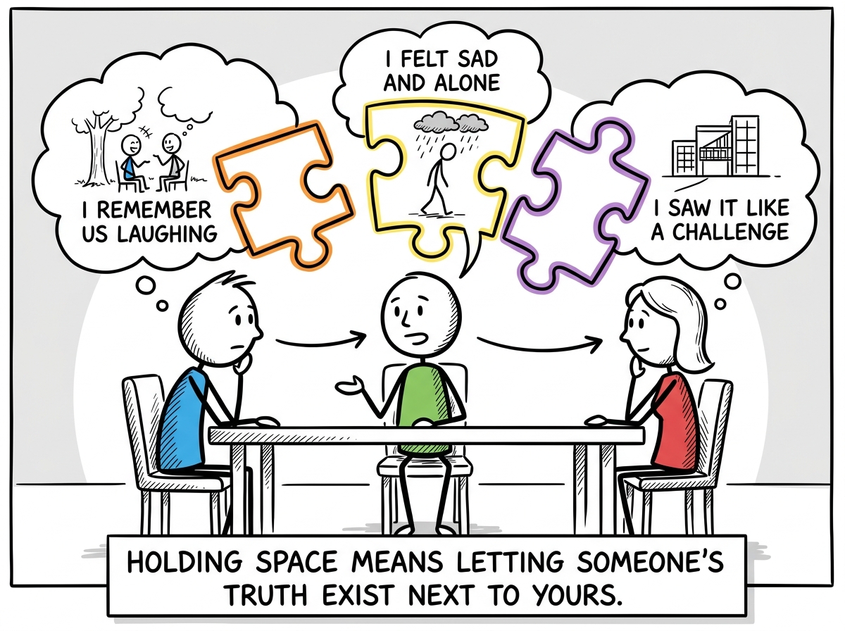 The three people listening to each other's versions without interrupting, each person's different memory shown as a valid puzzle piece