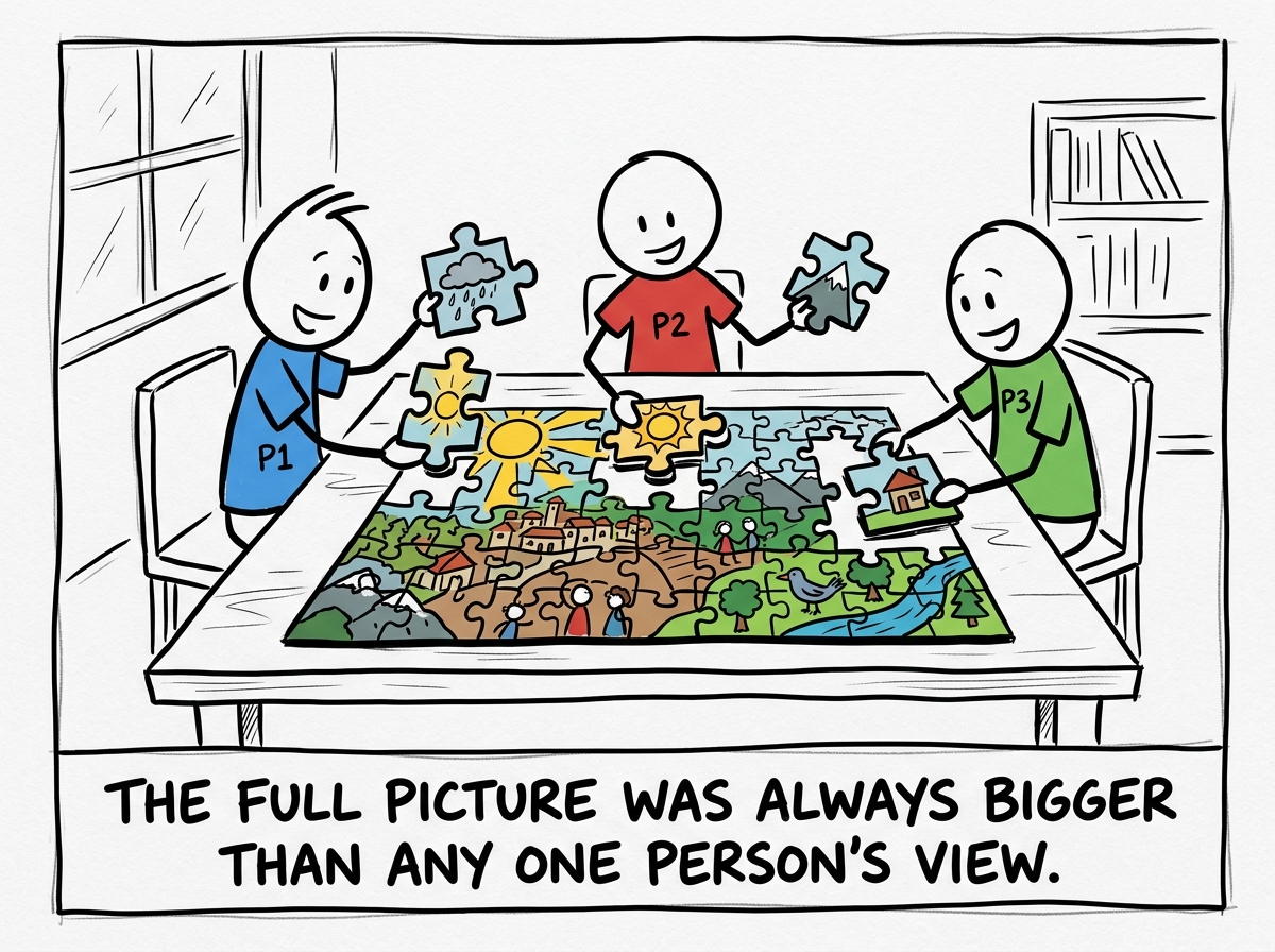 The three people arranging their different puzzle pieces together, the contradictions visible but no longer threatening -- a mosaic forming