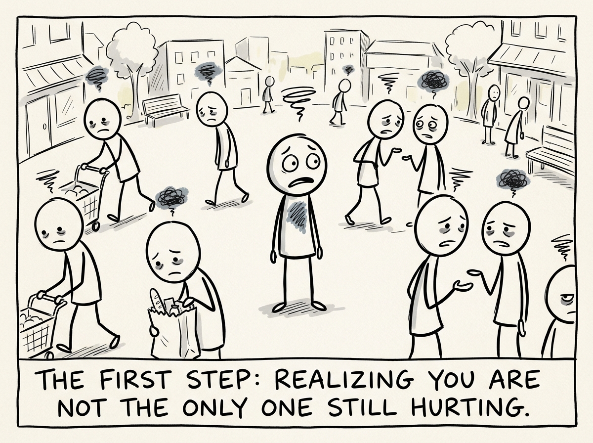 A stick figure in a community noticing that everyone around them is carrying the same tension, same sleeplessness, same unspoken heaviness