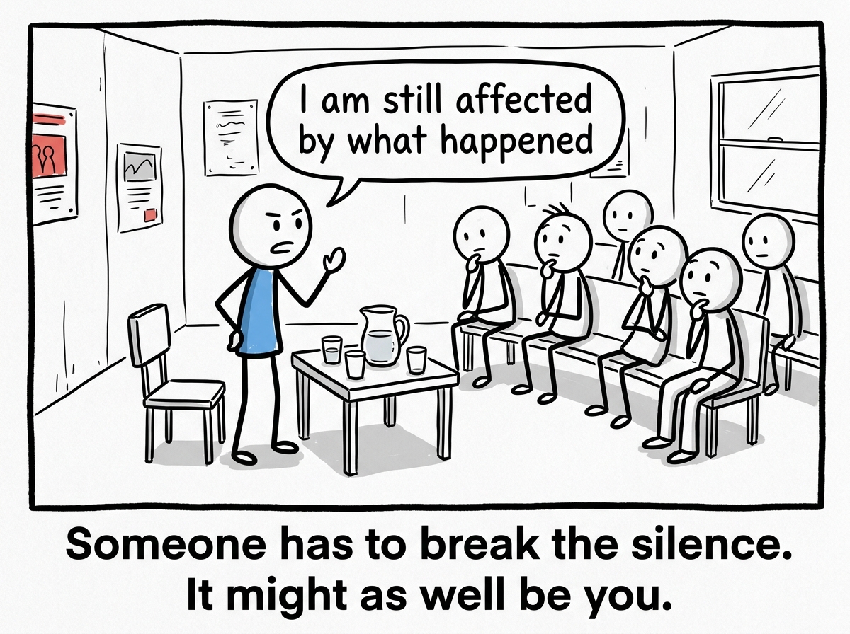 The stick figure deciding to speak first, saying 'I am still affected by what happened' at a community gathering while others lean in