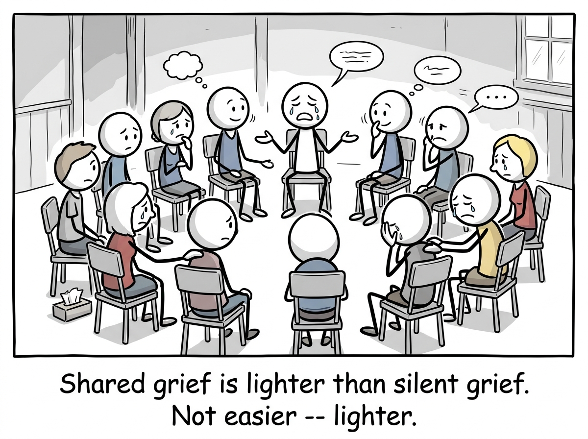 A community circle where people are sharing their experiences, some crying, some nodding, all finally witnessed in their pain