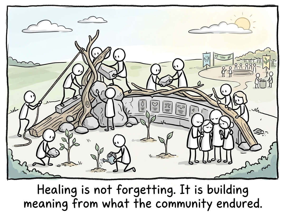 The community creating a memorial, a ritual, or a shared project that honors what happened and what they survived together