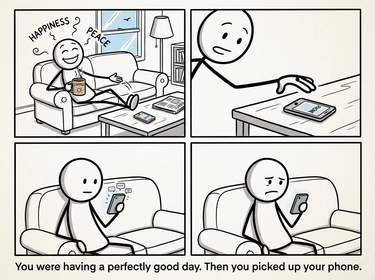 A person sitting happily on their couch on a Saturday, content with their coffee and their life, reaching casually for their phone