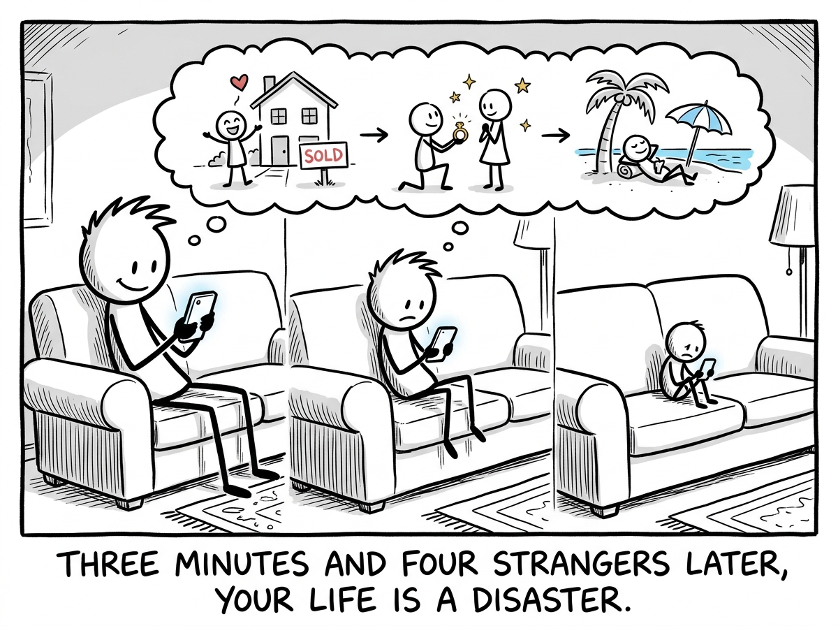 The person scrolling past a series of posts -- someone buying a house, someone getting engaged, someone on vacation -- each post making the person physically smaller on the couch