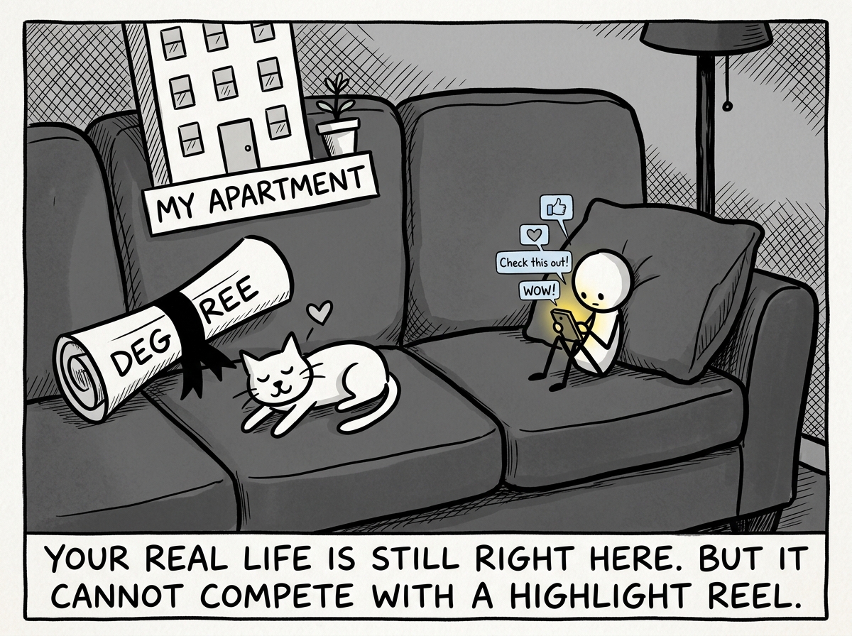 The person now tiny on a giant couch, surrounded by their actual accomplishments -- a degree, a loving pet, a decent apartment -- but unable to see any of them because they are staring at the phone
