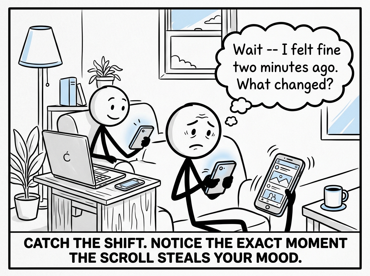 A stick figure mid-scroll, noticing their mood dropping, and pausing with a thought bubble: 'Wait -- I felt fine two minutes ago. What changed?'