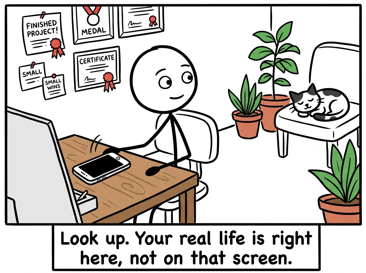 The stick figure putting the phone down and looking around their actual room, seeing their real life -- their pet, their plants, their small wins on the wall