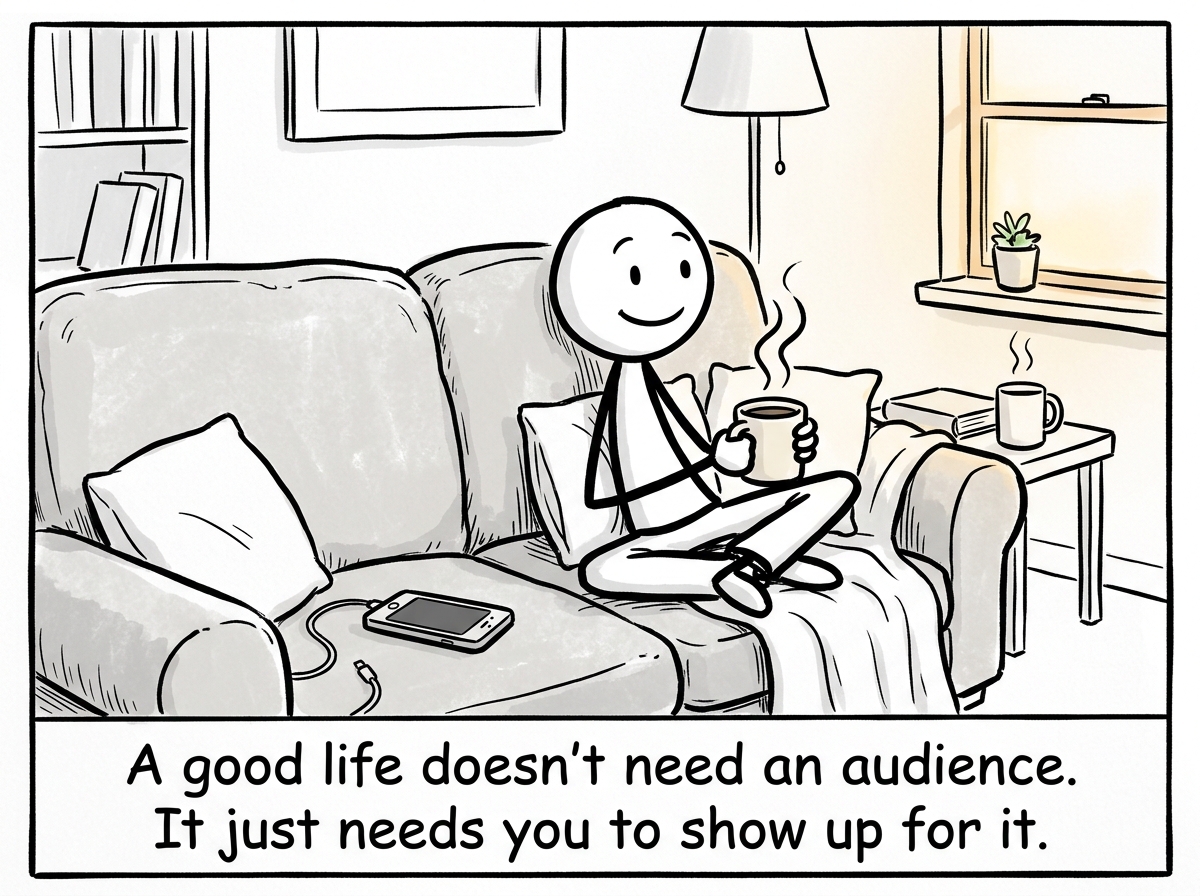 The stick figure on the couch again, phone nearby but face-down, enjoying their coffee and their Saturday without needing it to look impressive