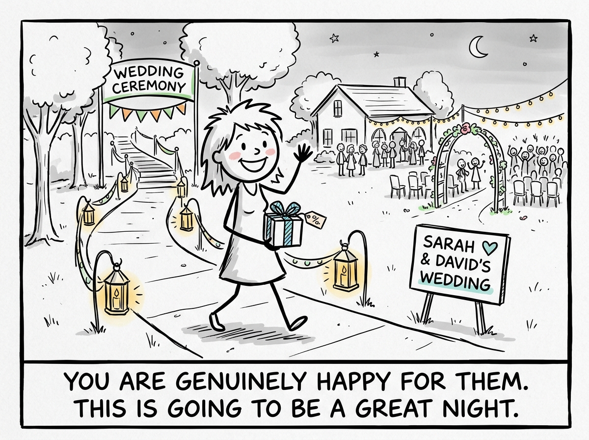 A person arriving at a friend's wedding, genuinely smiling and happy for the couple, holding a gift and looking forward to the celebration