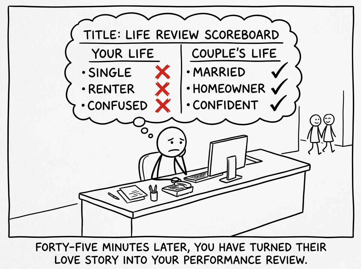 The person sitting at the reception, and a mental scoreboard appearing above their head comparing their life to the couple's -- married vs single, homeowner vs renter, confident vs confused -- with red X marks next to their own column