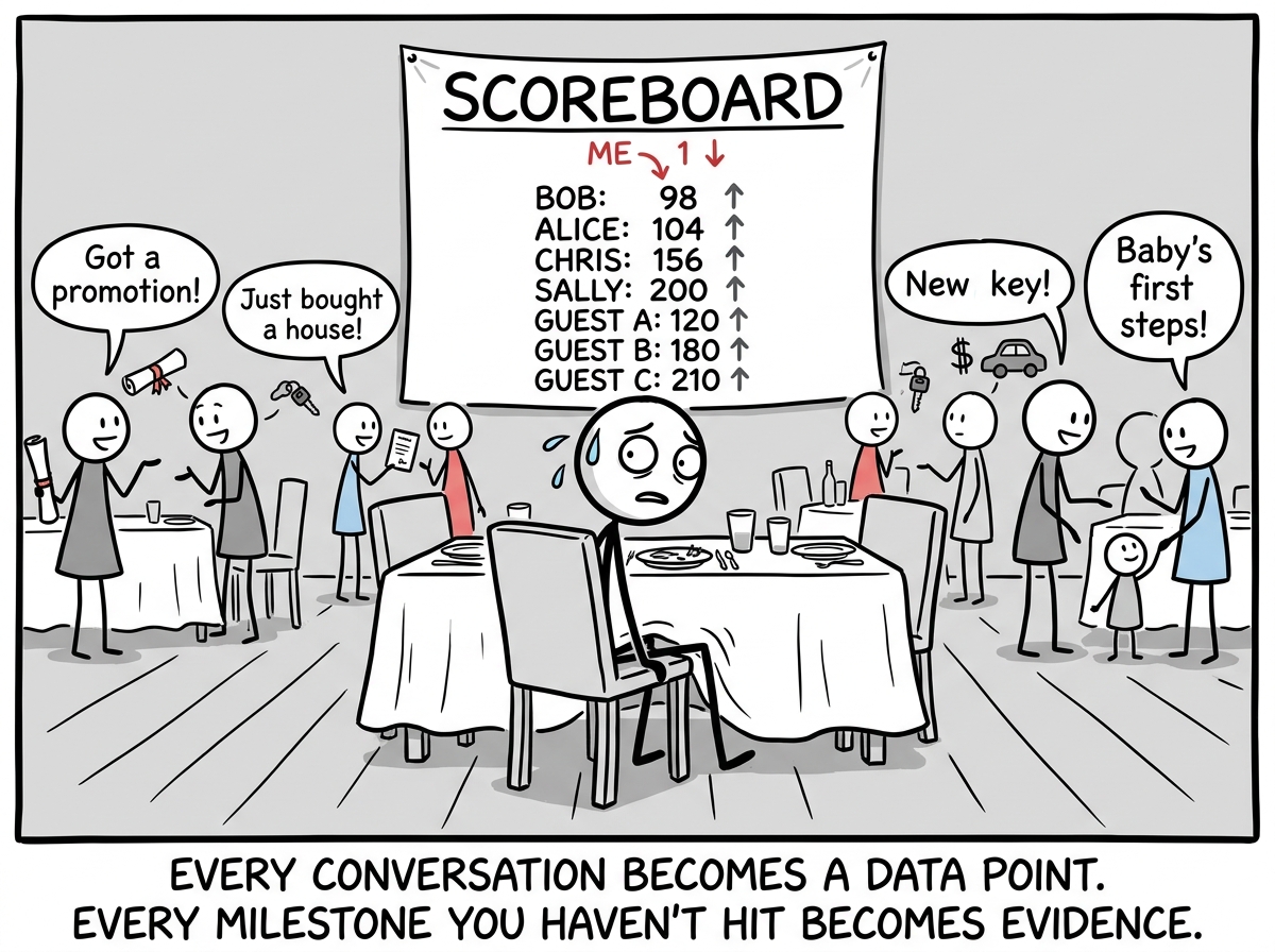 The person looking around the room and realizing the scoreboard is now comparing them to every single guest -- everyone seems ahead, while they sink lower in their chair