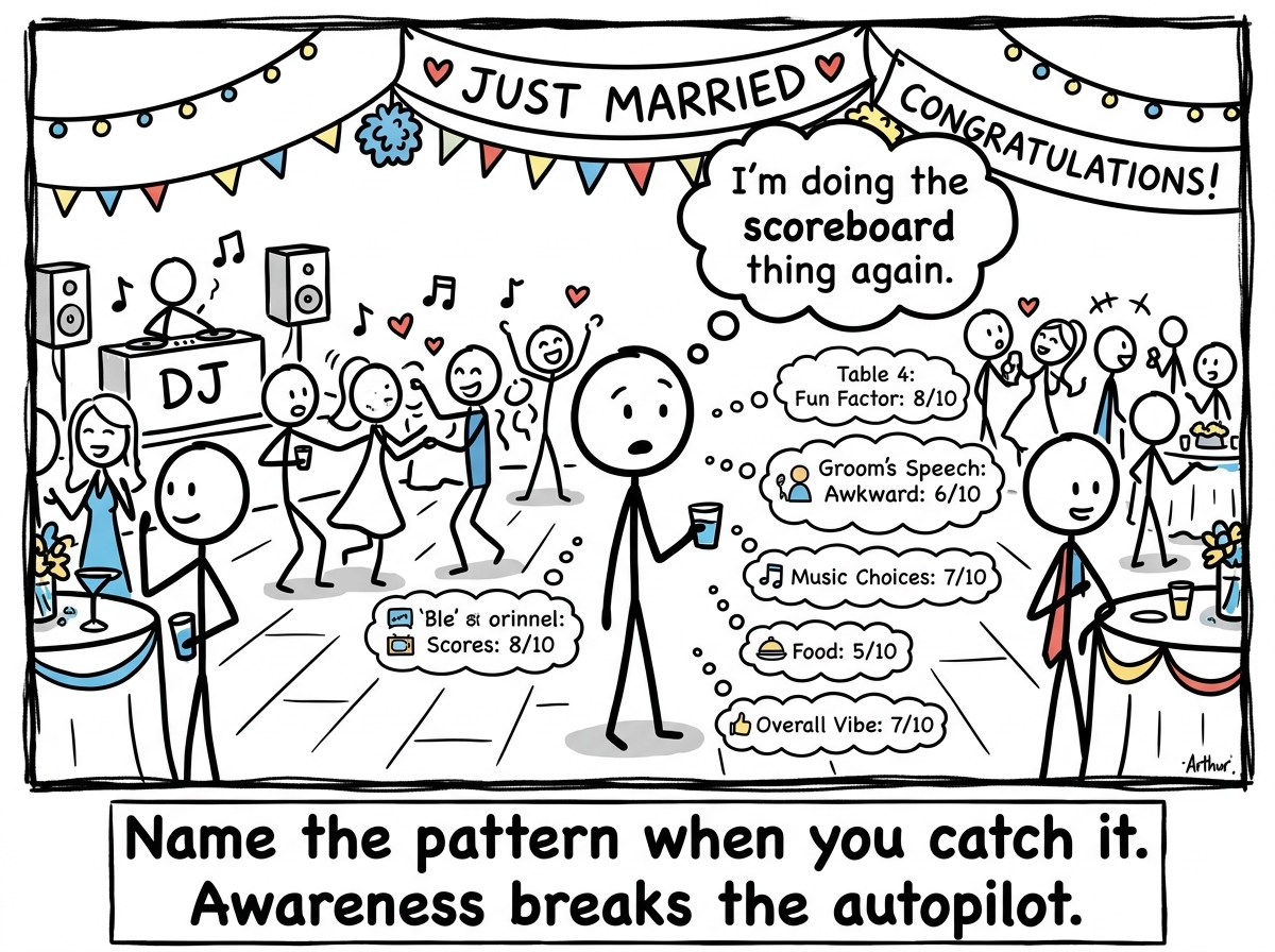 A stick figure at the wedding reception, catching themselves mentally tallying scores, and thinking 'I'm doing the scoreboard thing again'
