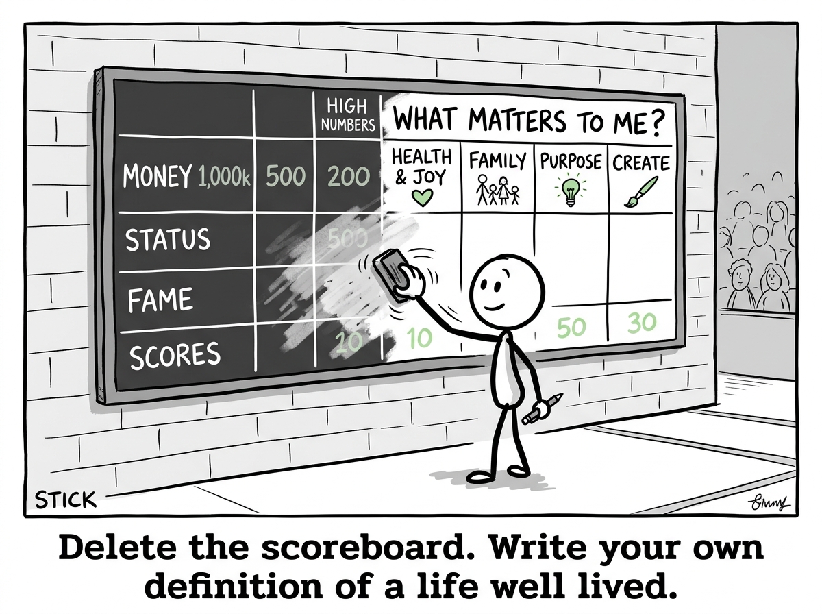 The stick figure mentally erasing the scoreboard columns and replacing them with 'What matters to ME?' written in their own handwriting