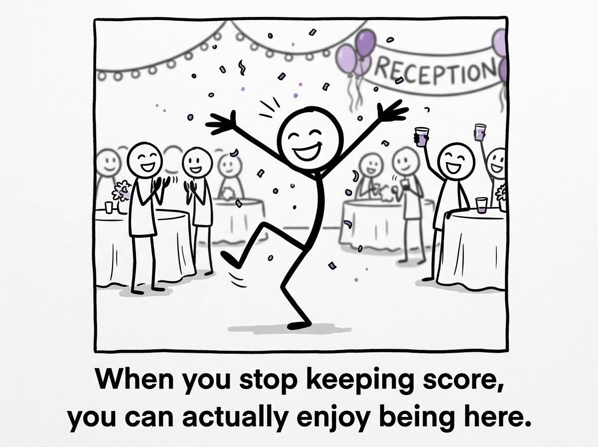 The stick figure back at the reception, genuinely dancing and laughing, focused on the celebration instead of the comparison