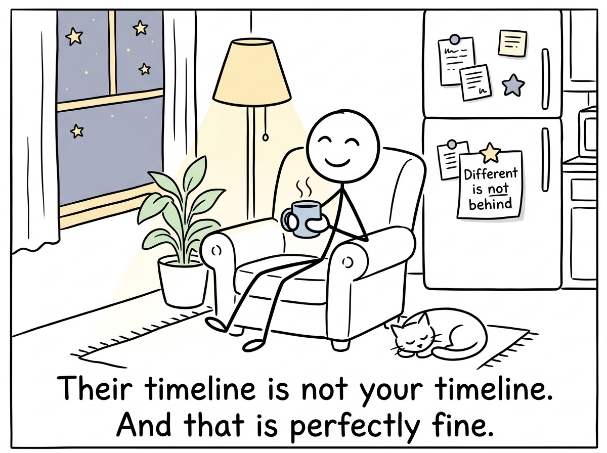 The stick figure at home afterward, content with their own path, a small note on the fridge reading 'Different is not behind'